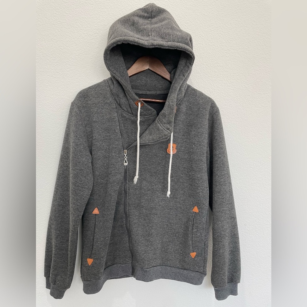 Gray and Tan Zip Up Sweater with Hood and Ribbed Cuffs